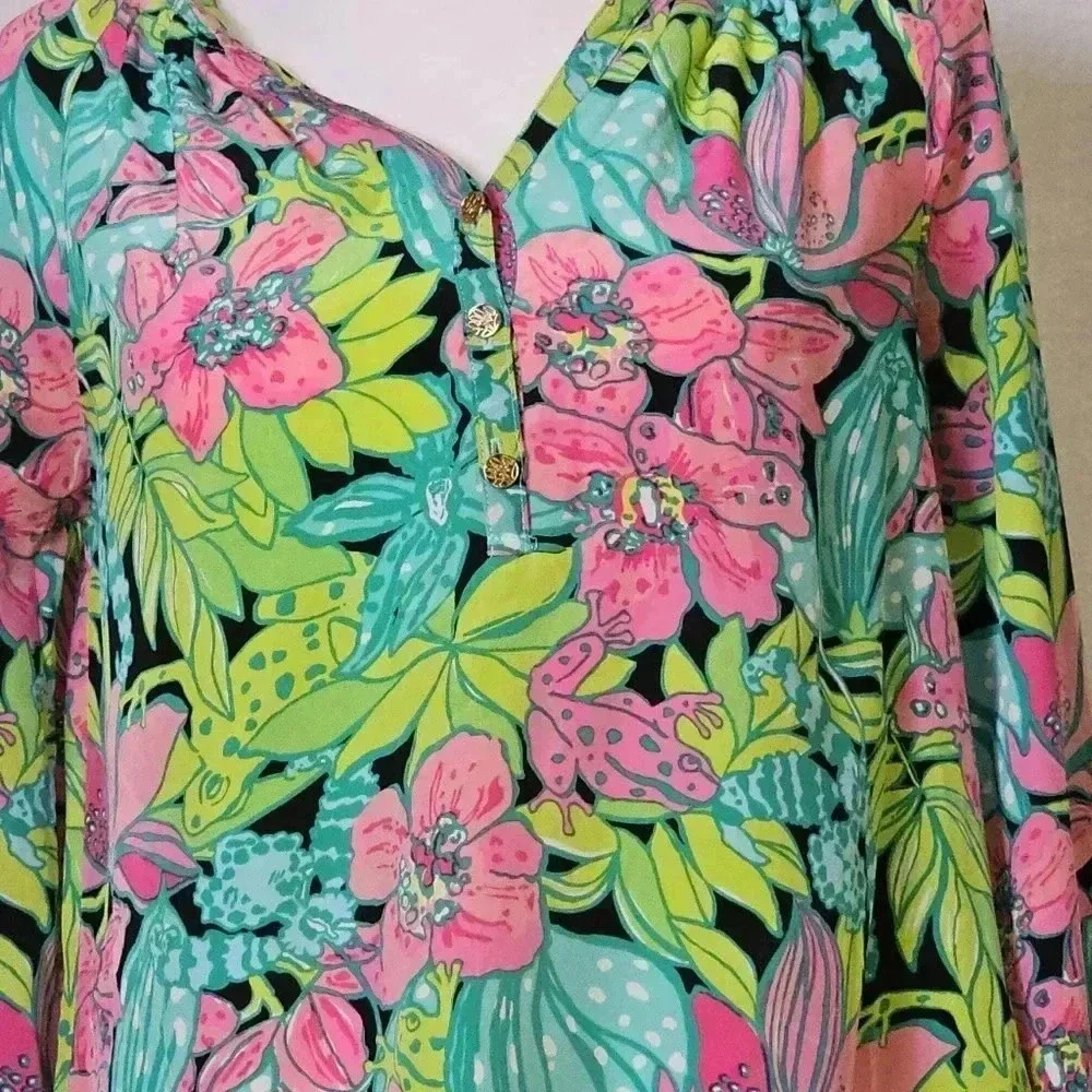 Lily Pulitzer 100% Silk Elsa Skip On It The  Frog-Floral Print Blouse SZ XS